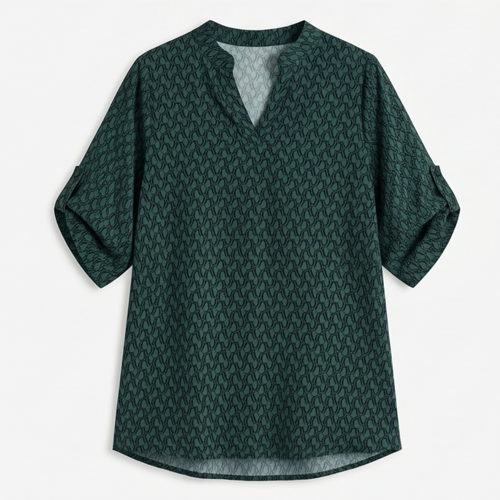 Lunavia™ Geometric V-Neck Blouse with Roll-Tab Sleeves