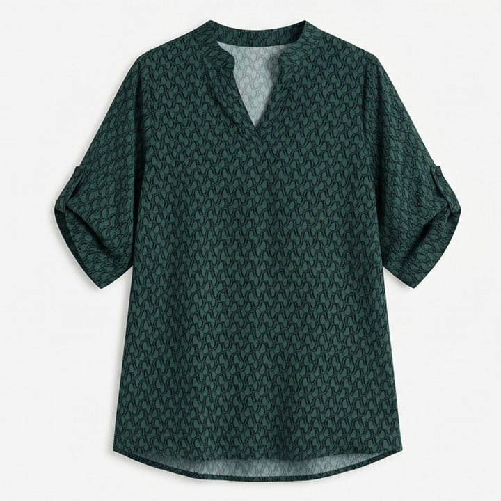 Lunavia™ Geometric V-Neck Blouse with Roll-Tab Sleeves