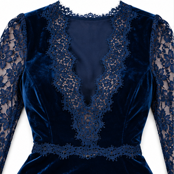 Veloura – Deep V Velvet Lace-Sleeve Mermaid Midi Dress