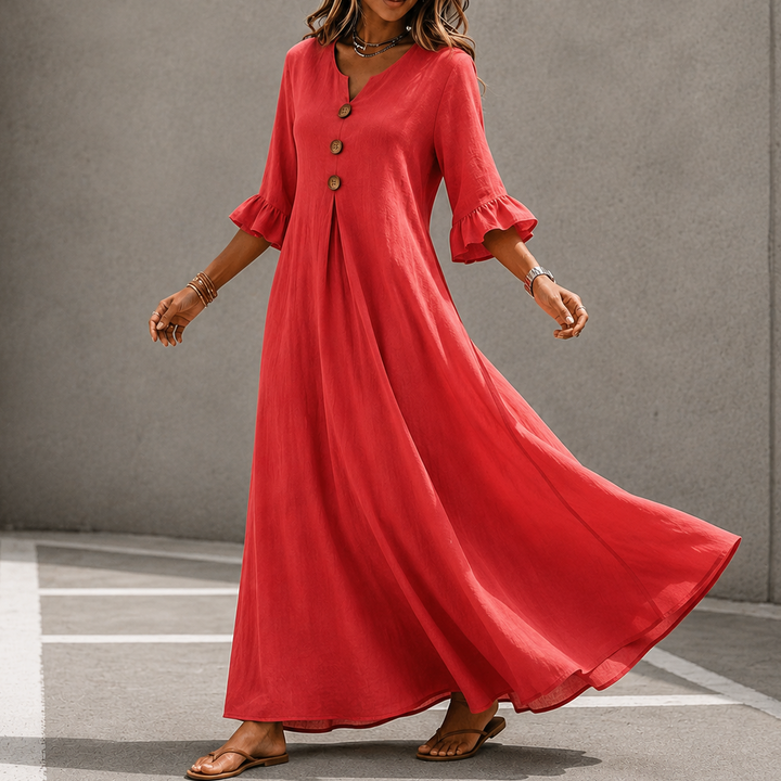 Marellia – Flowy Linen-Look V-Neck Maxi Dress with Pockets