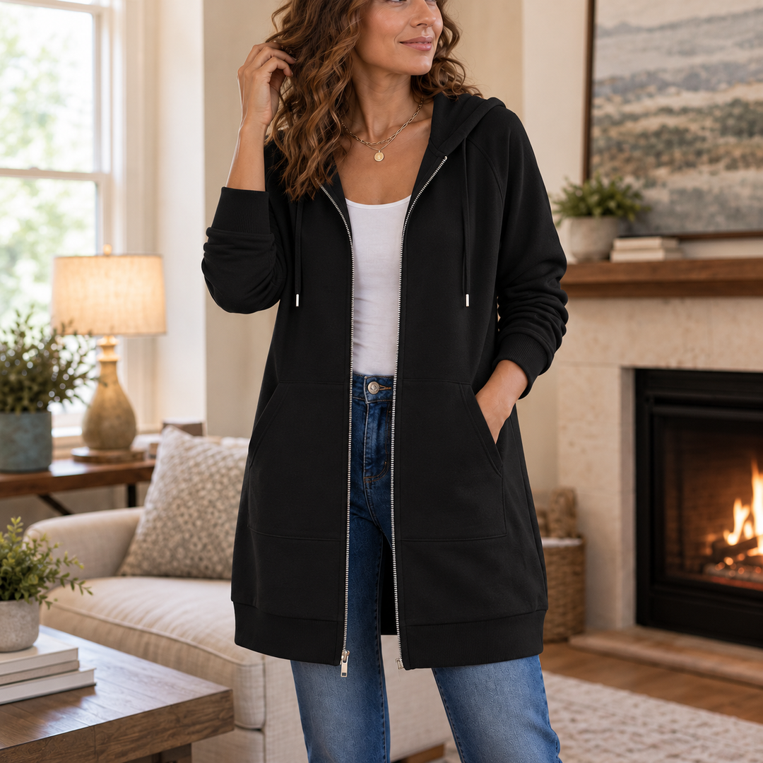 Wrapdrey – Mid-Length Zip-Up Hooded Cardigan