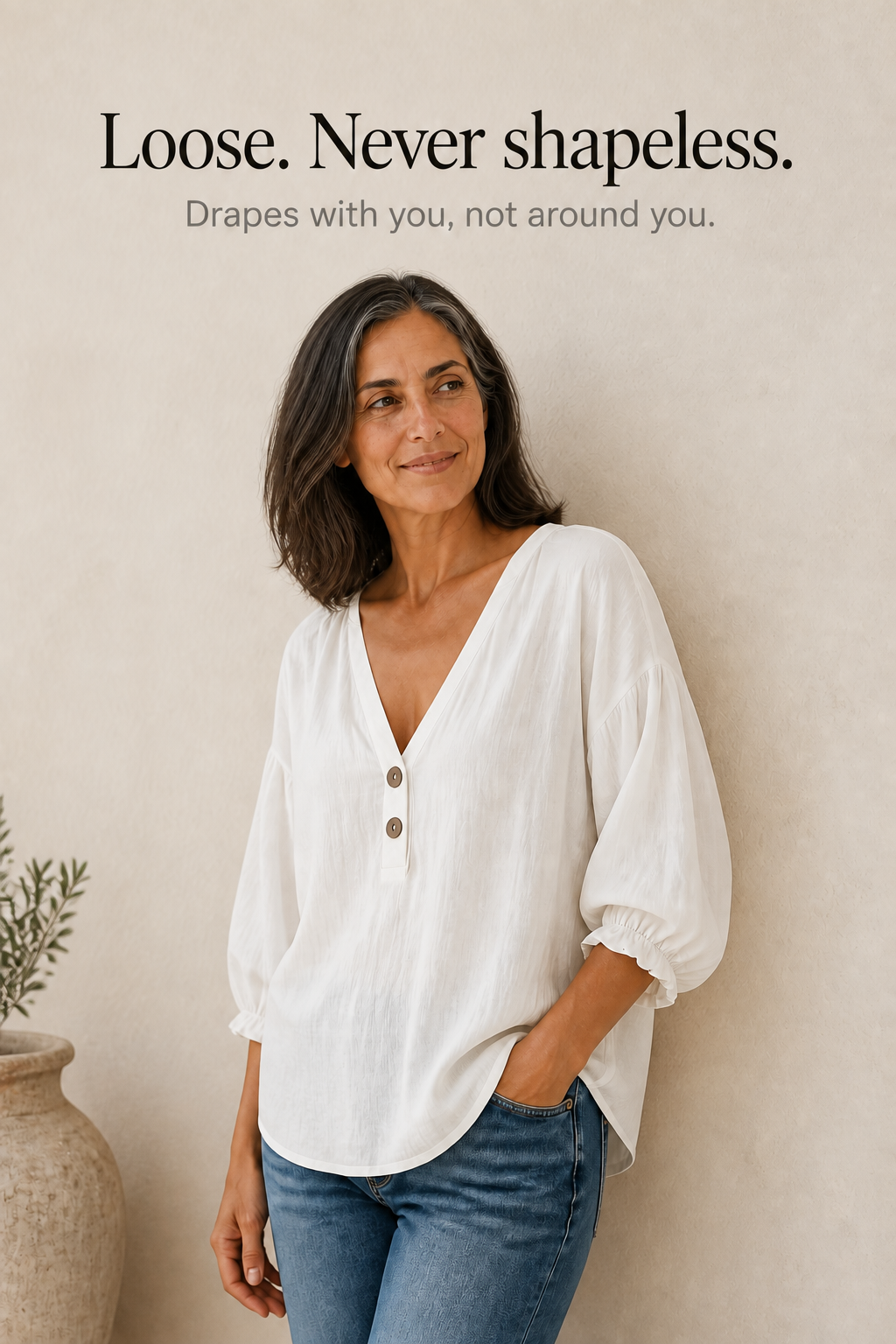 Lunelle – Loose V-Neck Linen-Look Blouse