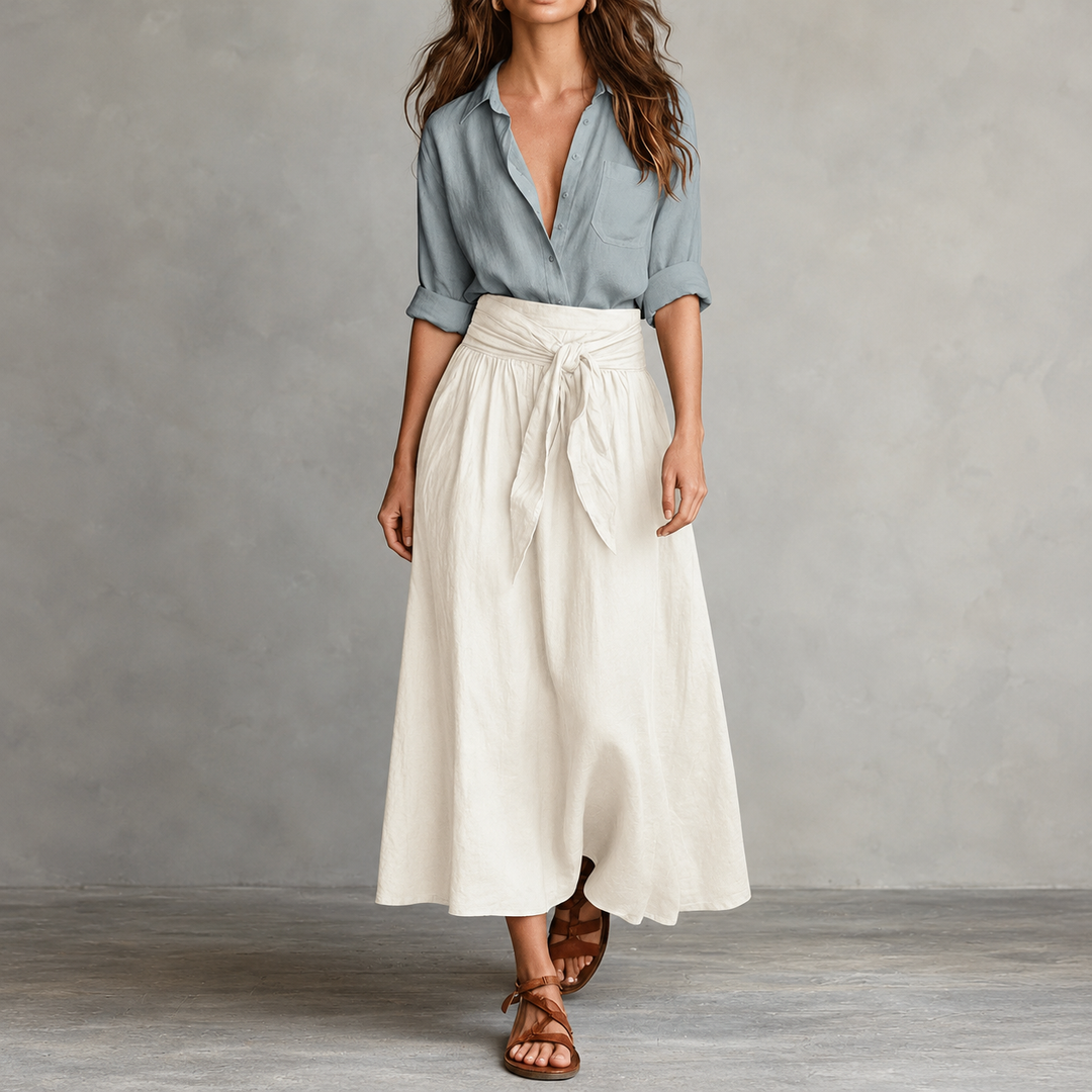 Olive & Onyx – Button Shirt And Tie-Waist Midi Skirt Set