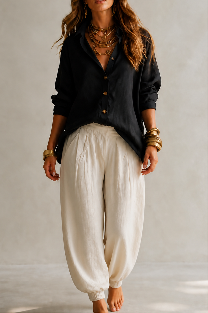 Verlyne – Relaxed Button-Front Shirt And Draped Pants Set