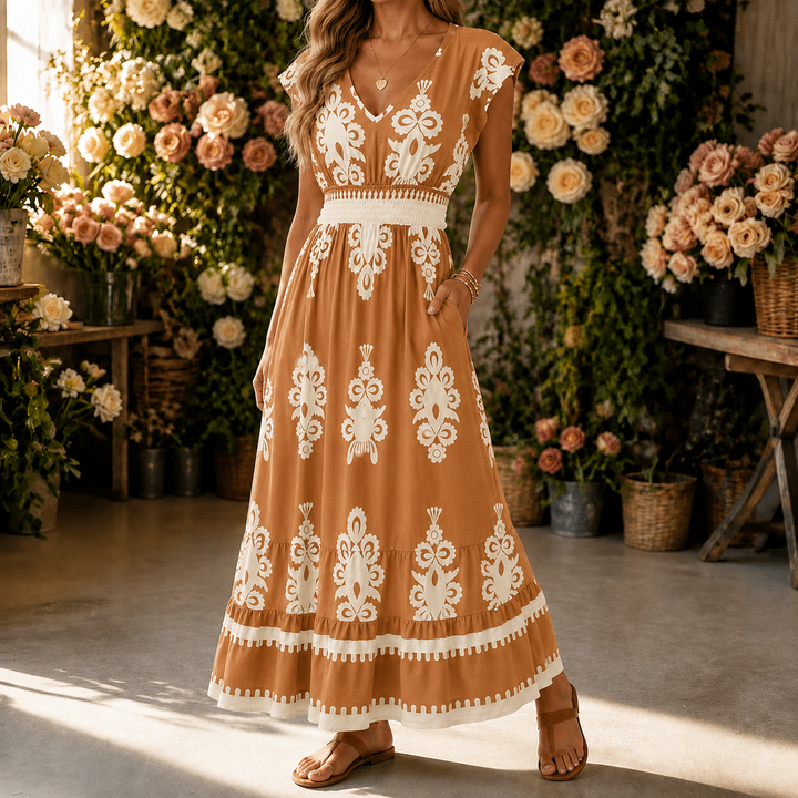 Osyrel – Women's Damask Print Midi Dress with V-Neck