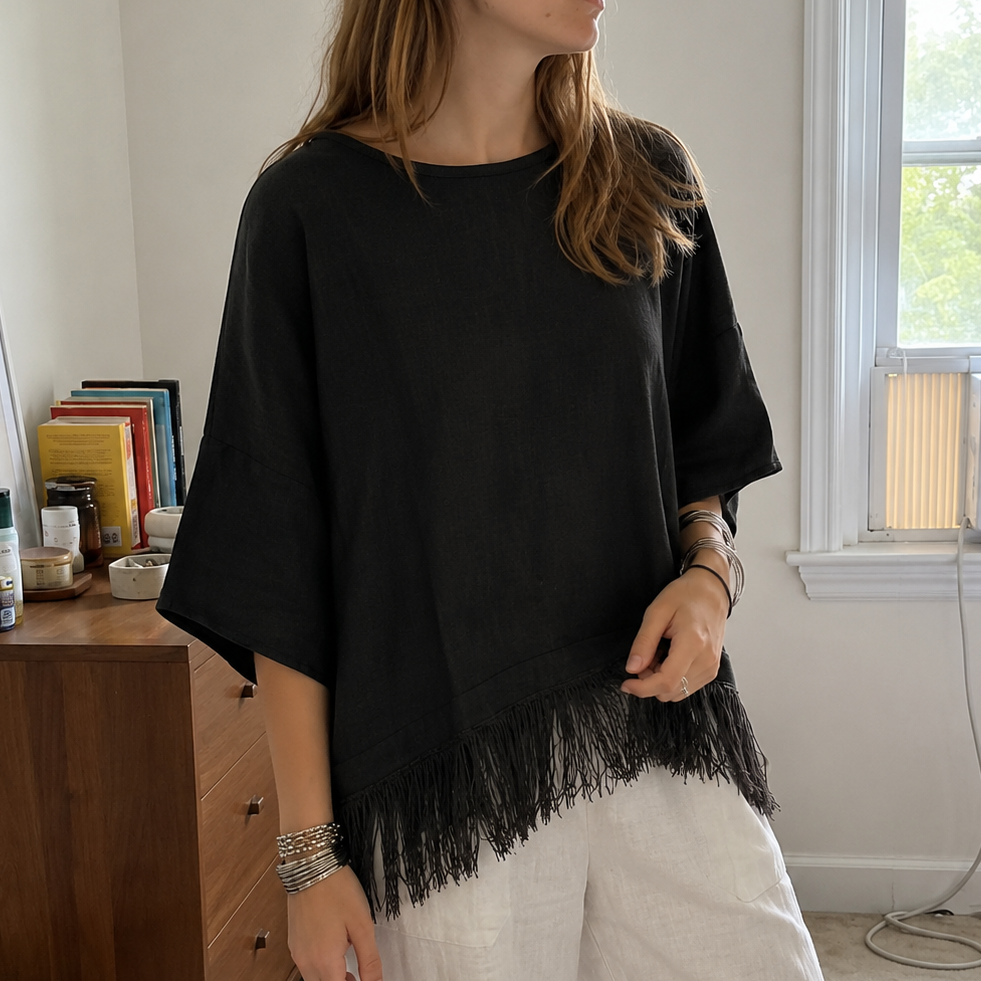Wovelle – Fringed Hem Boxy Drop-Shoulder Blouse