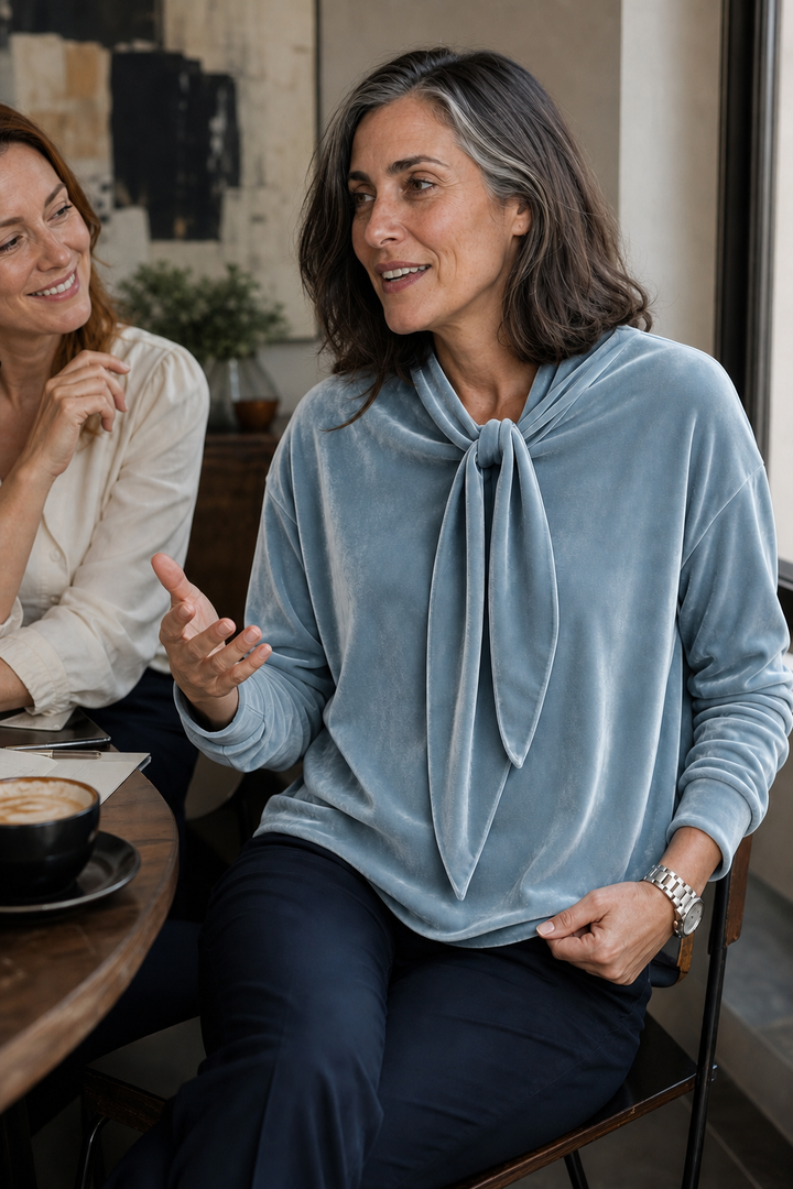 Tievelle – Velvet Tie-Neck Relaxed Blouse