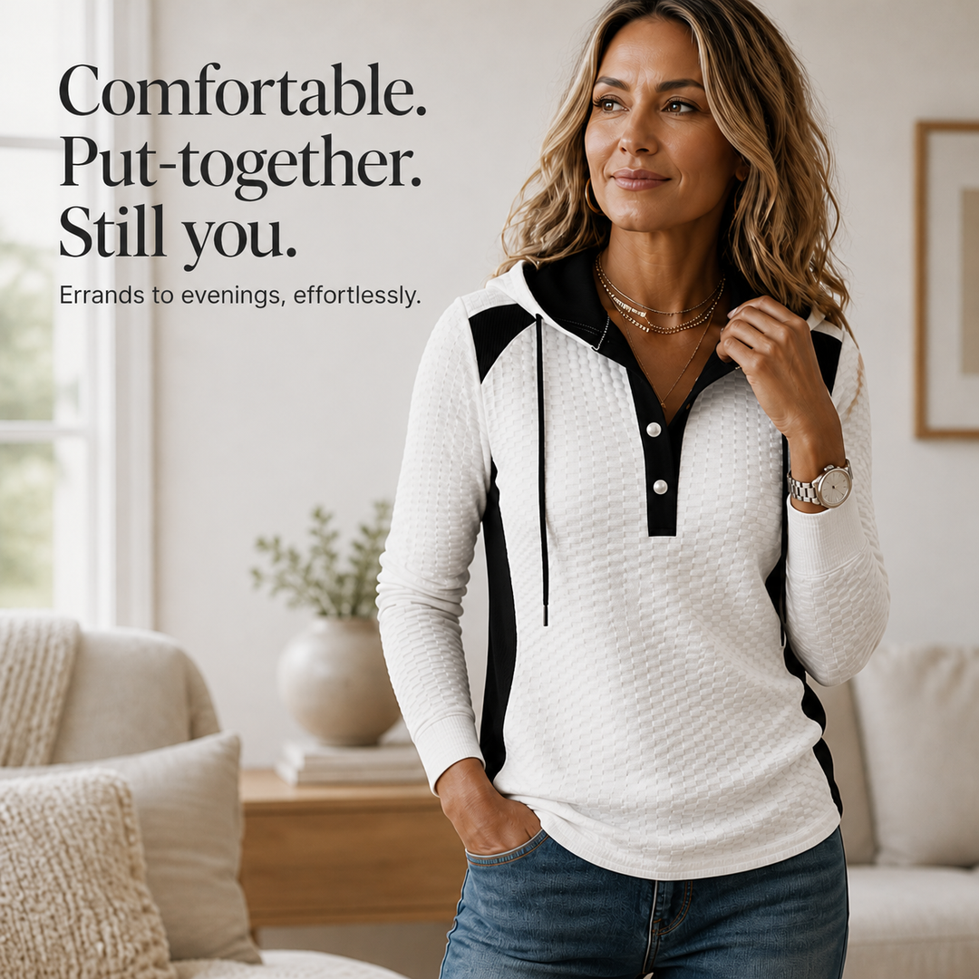 Wearbella – Waffle-Knit Colorblock Button V-Neck Hoodie