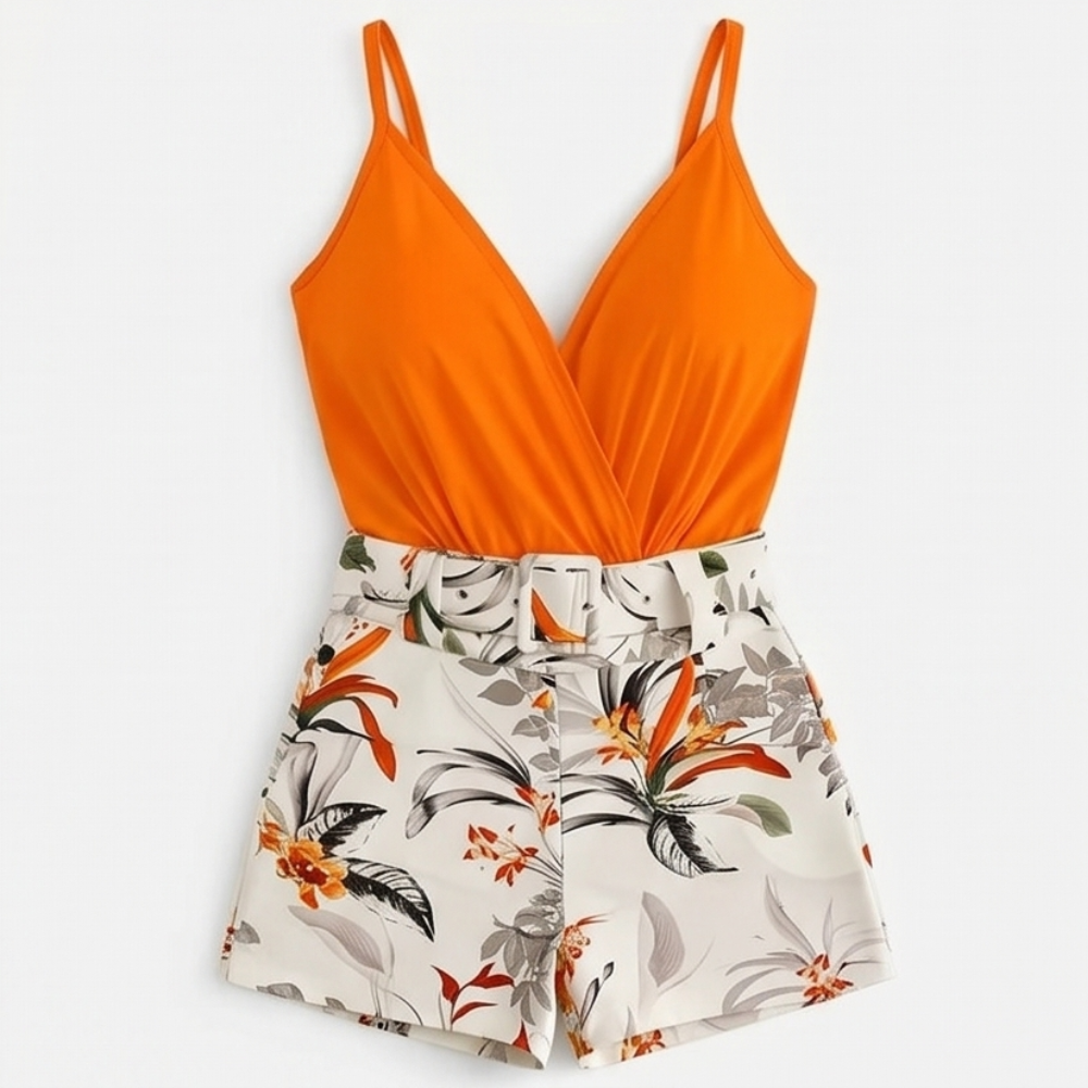Clarendale™ Wrap V-Neck Summer Set with Floral Shorts