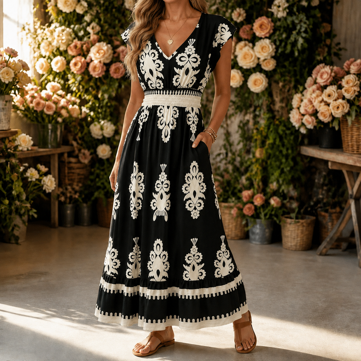 Osyrel – Women's Damask Print Midi Dress with V-Neck