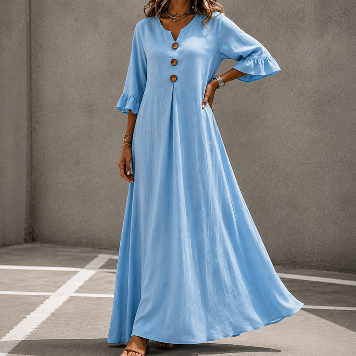 Marellia – Flowy Linen-Look V-Neck Maxi Dress with Pockets
