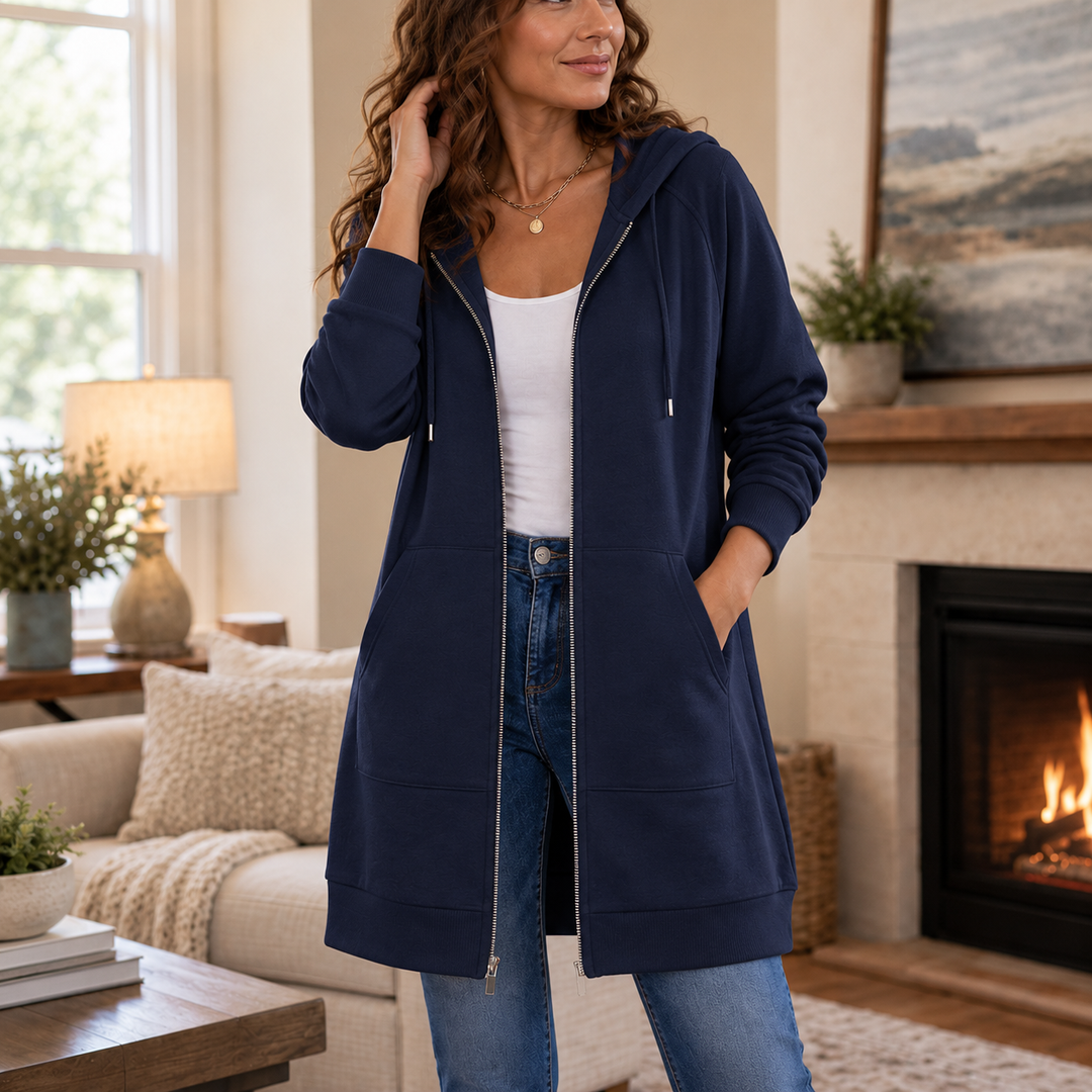 Wrapdrey – Mid-Length Zip-Up Hooded Cardigan
