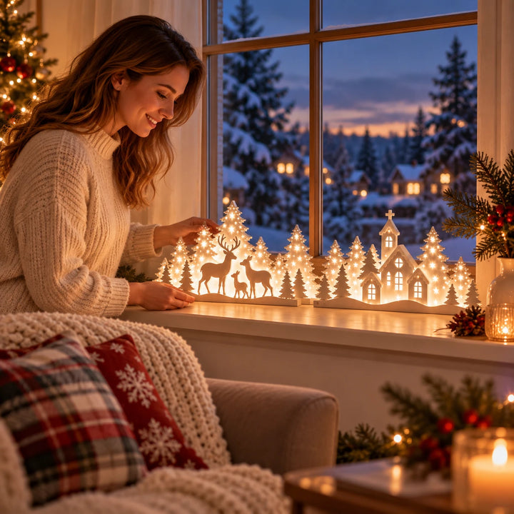 Deerwood Glow – LED Christmas Window Village With Deer