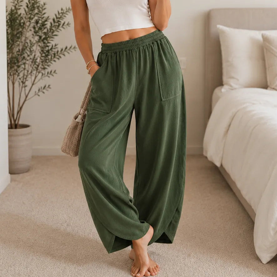 Lounella – Wide Leg Harem Pants with Elastic Waist and Deep Pockets