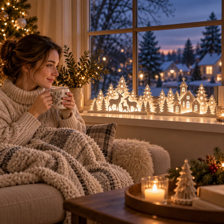 Deerwood Glow – LED Christmas Window Village With Deer