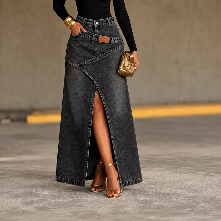 Saviera – Asymmetric Layered Denim Maxi Skirt with High Front Slit