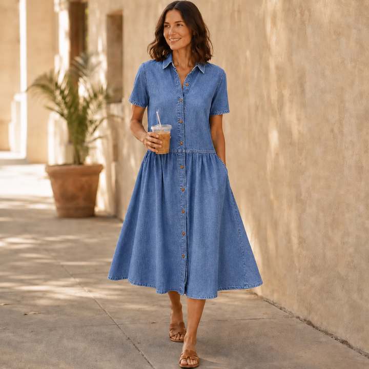 Everly – Shirt Dress with Pockets A-Line Midi Button Front