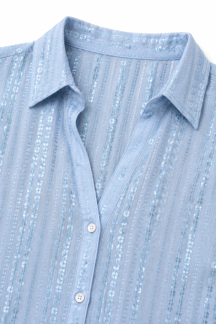 Luxelia – Sequin-Stripe Long Sleeve Button