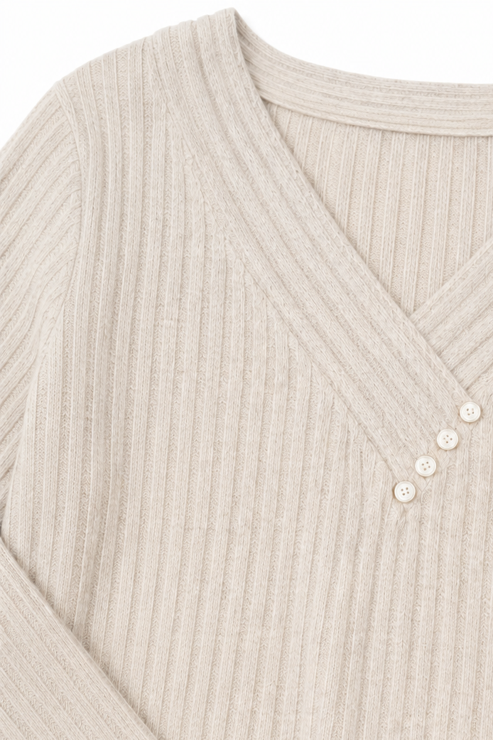 Marlowe & Rib – Ribbed V-Neck Button-Detail Sweater