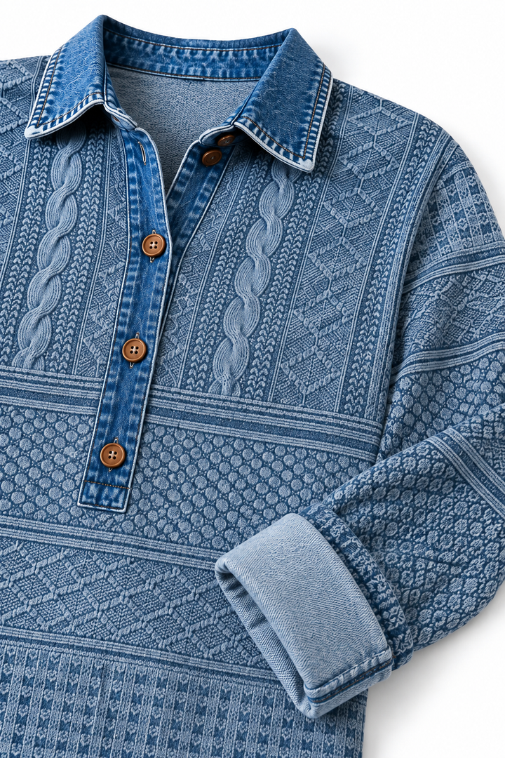 Layerlyn – Denim Patchwork Textured Knit Blouse