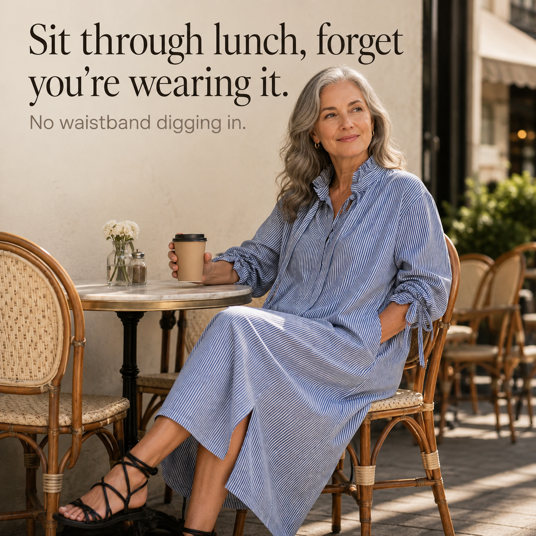 Verlyn – Striped Midi Dress That Reads Slim, Not Wide