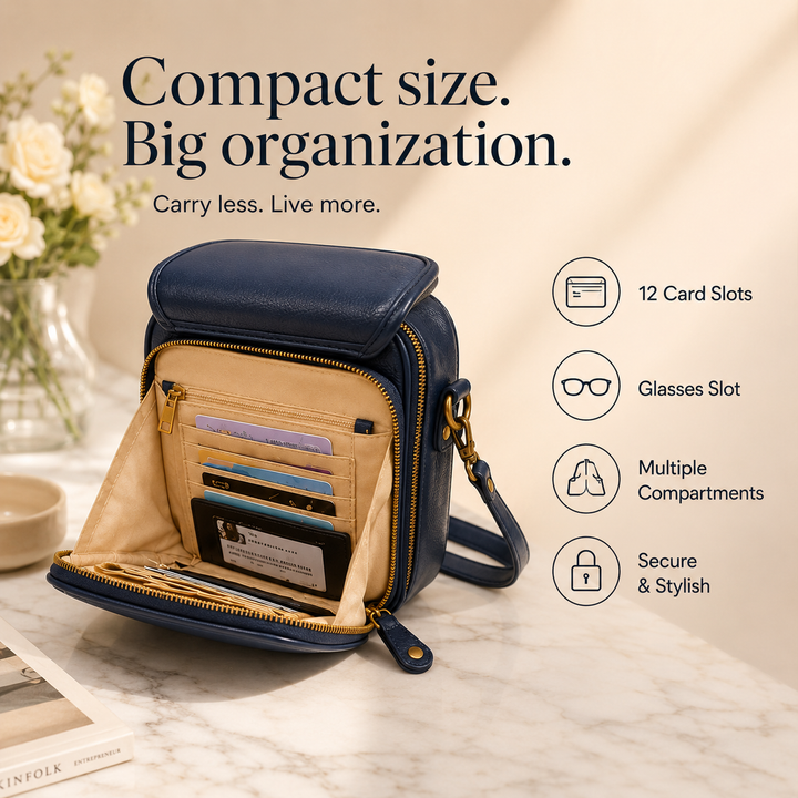 Solene – Structured vegan leather crossbody bag with built-in wallet and glasses compartment