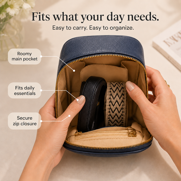 Solene – Structured vegan leather crossbody bag with built-in wallet and glasses compartment
