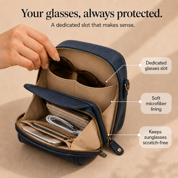 Solene – Structured vegan leather crossbody bag with built-in wallet and glasses compartment