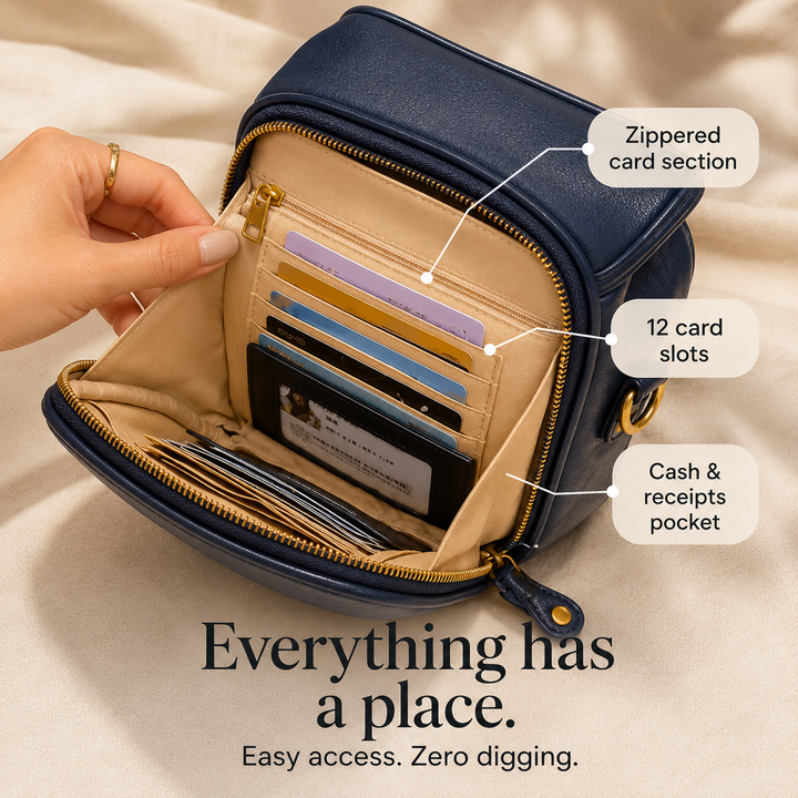 Solene – Structured vegan leather crossbody bag with built-in wallet and glasses compartment