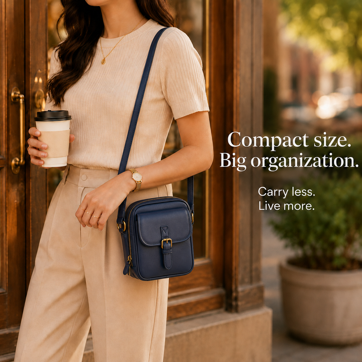 Solene – Structured vegan leather crossbody bag with built-in wallet and glasses compartment