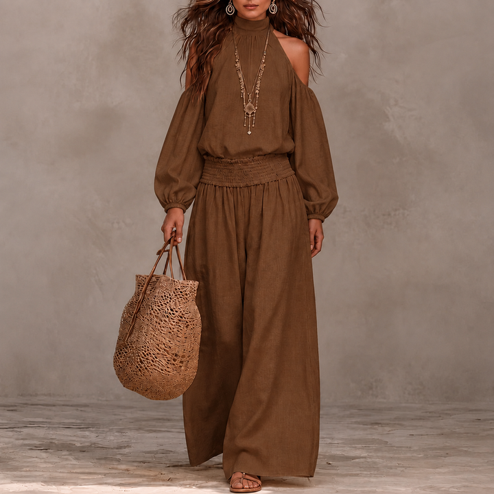 Driftbloom – Cold Shoulder Wide Leg Pants Set