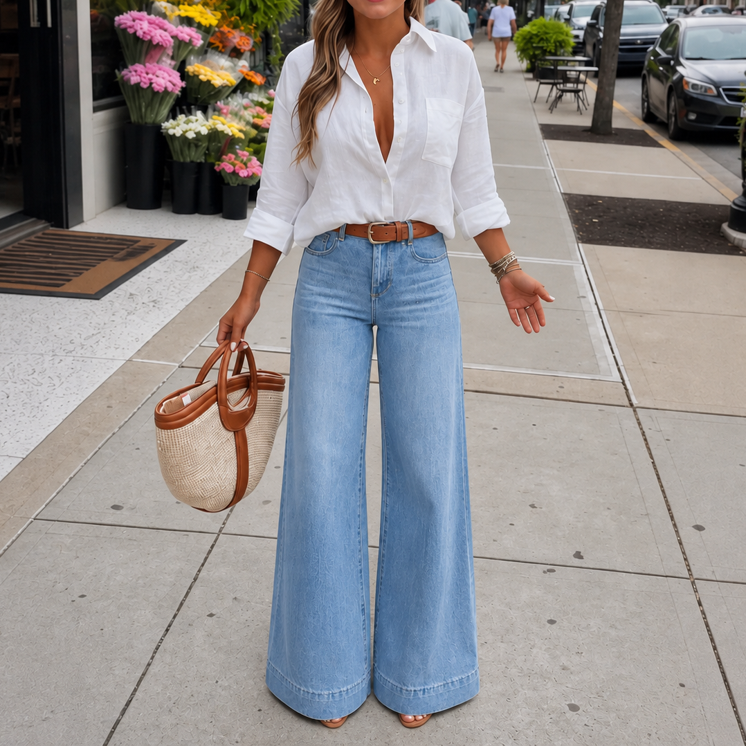 Longline Denim Look – High-Rise Wide-Leg Vintage Wash Jeans