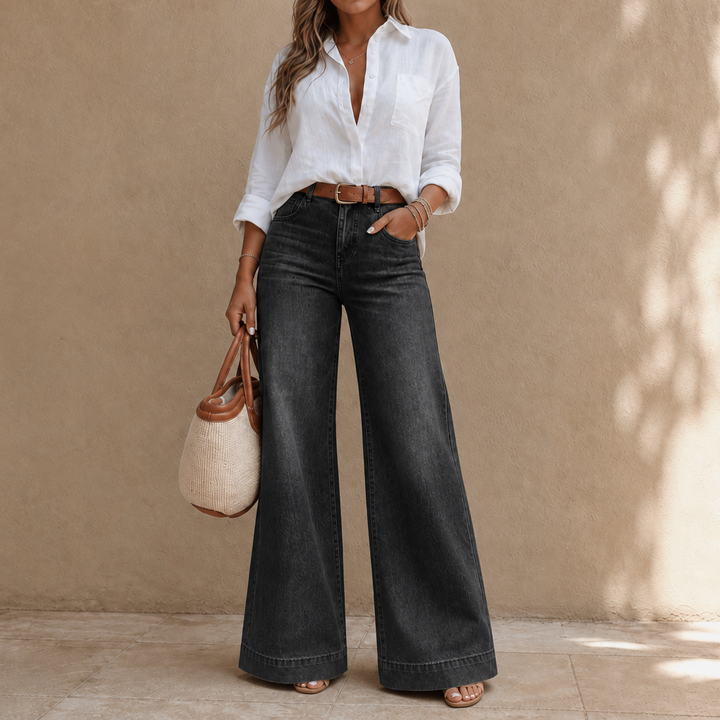 Longline Denim Look – High-Rise Wide-Leg Vintage Wash Jeans