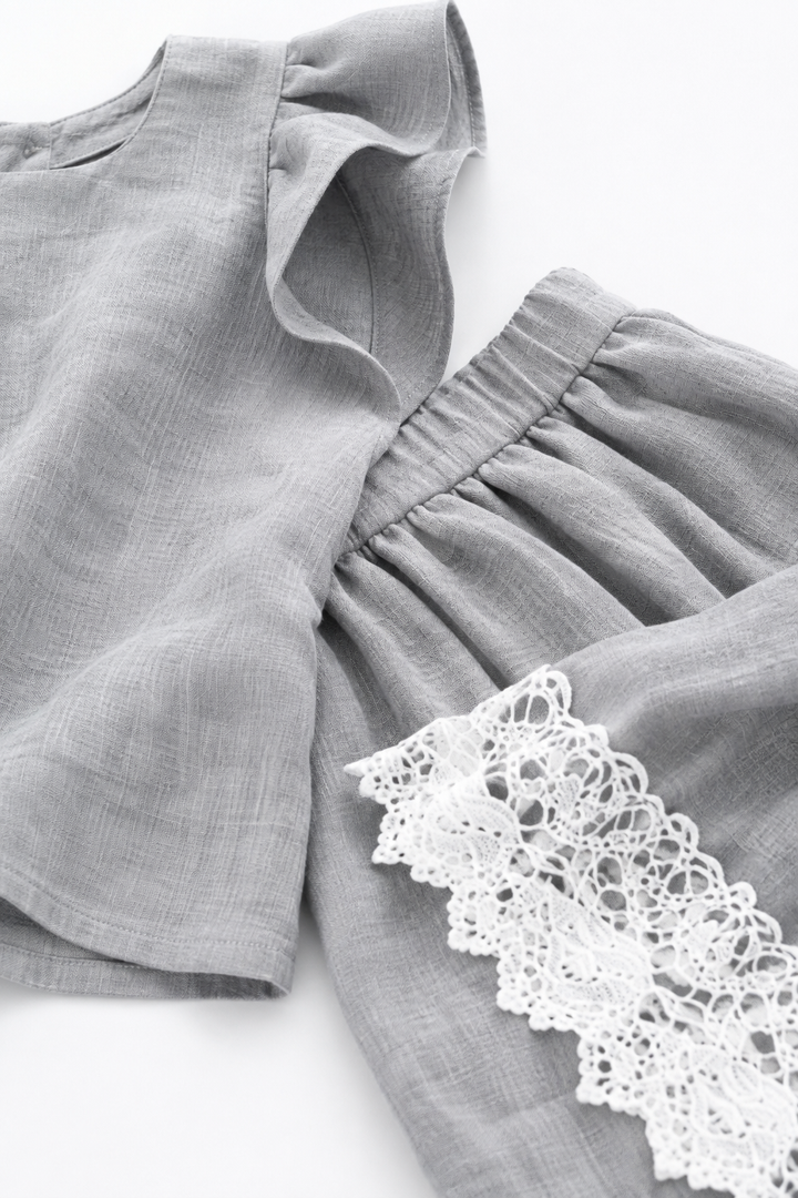 Linenza – Crochet-Hem Ruffle-Sleeve Two-Piece Set