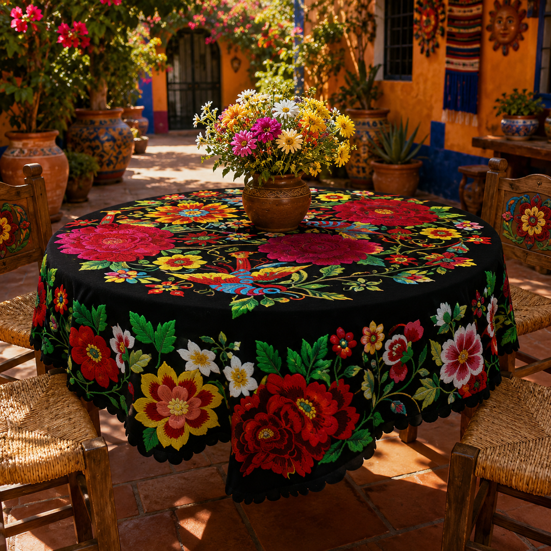 Casamora – Mexican Floral Embroidered Tablecloth with Scalloped Edge