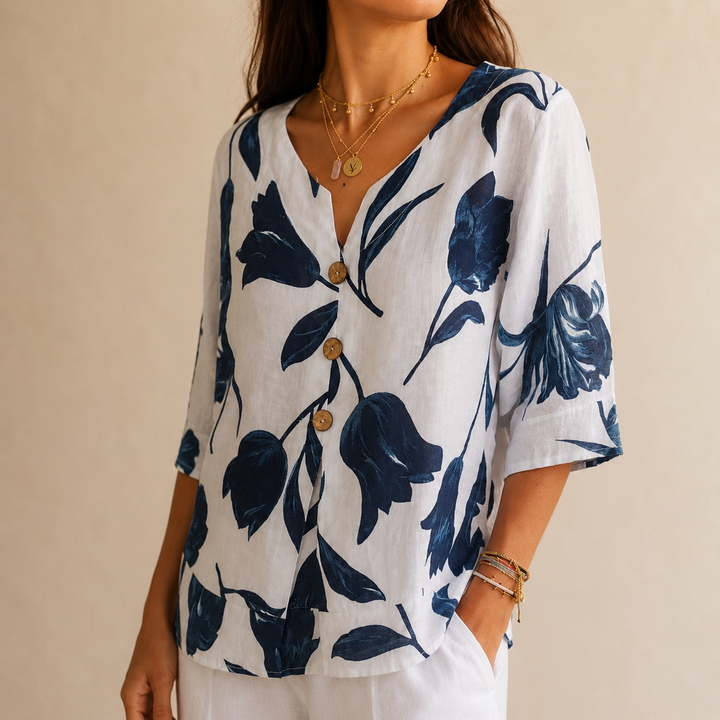 Florelle™ – Floral Linen V-Neck Popover Blouse with 3/4 Sleeves