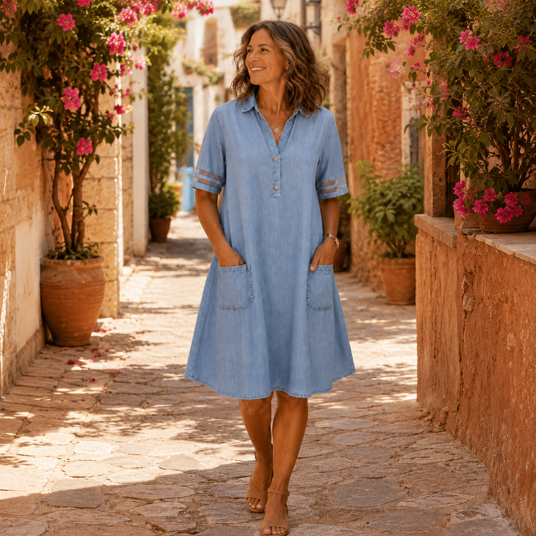 Soleil – Light Denim Shirt Dress with Pockets, A-Line Mini for Women