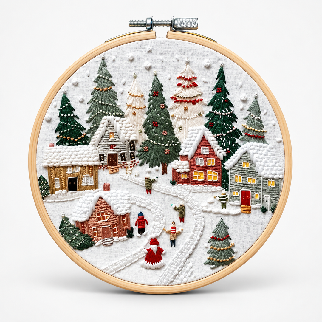 Snowglow – Pre-Printed Snowy Village Embroidery Kit