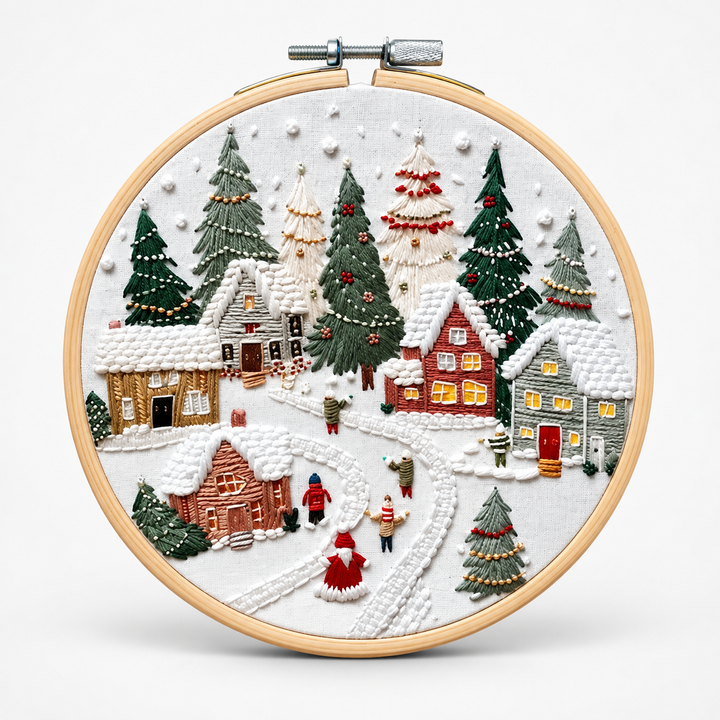 Snowglow – Pre-Printed Snowy Village Embroidery Kit