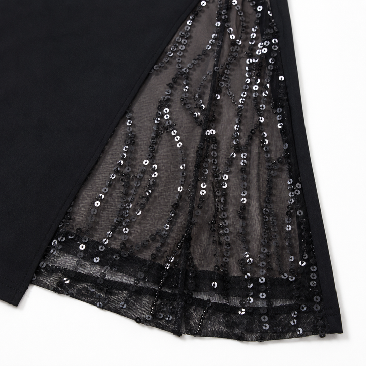 Soirée™ – Sequin Slit Maxi Dress with Convertible Square Neck