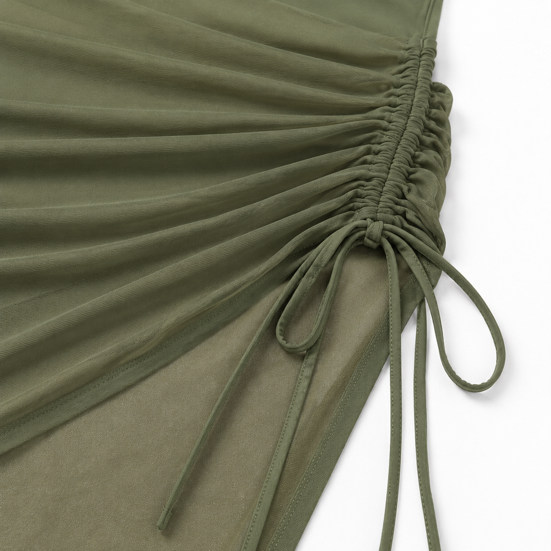 Solivia™ – High Waist 3-Piece Swim Set with Mesh V-Top, Ruched Skirt & Sheer Overlay