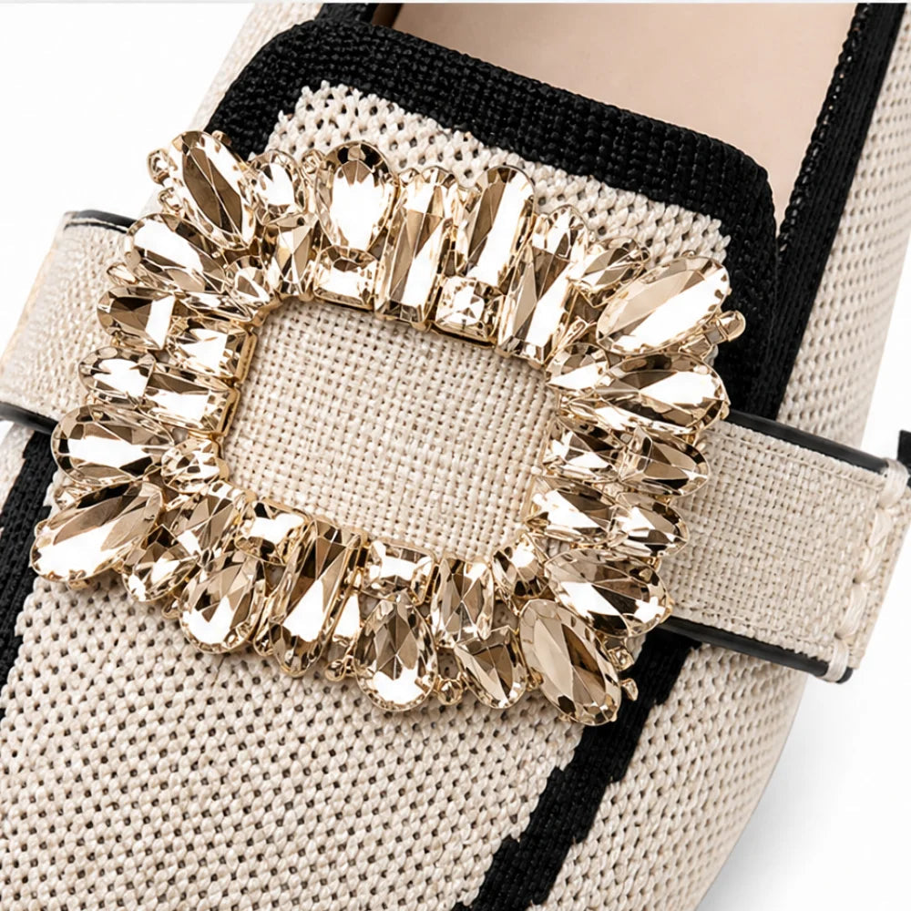 Vellora – Crystal Buckle Knit Loafers, Square Toe Slip-On Flats for Women