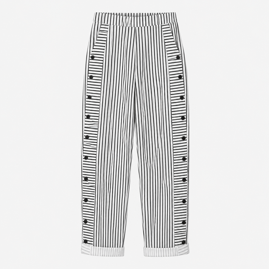 Coastlyn™ – Striped Cotton Pants with Button Trim