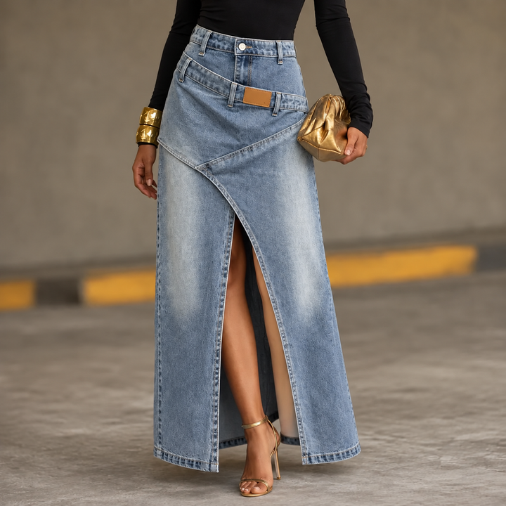 Saviera – Asymmetric Layered Denim Maxi Skirt with High Front Slit