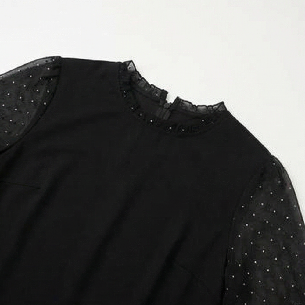 Lumiveil™ – Rhinestone Mesh Sleeve Dress with Ruffle Hem
