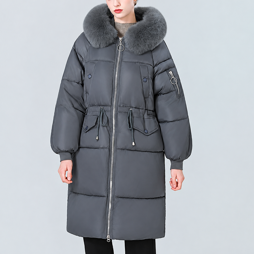 Veluna – Plush Hood Trim Mid-Long Padded Winter Coat