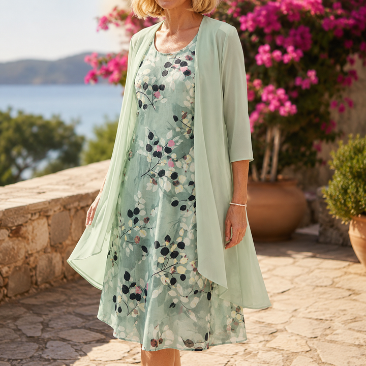 Marisella™ – Floral Midi Dress with Sheer Cardigan 2-Piece Set