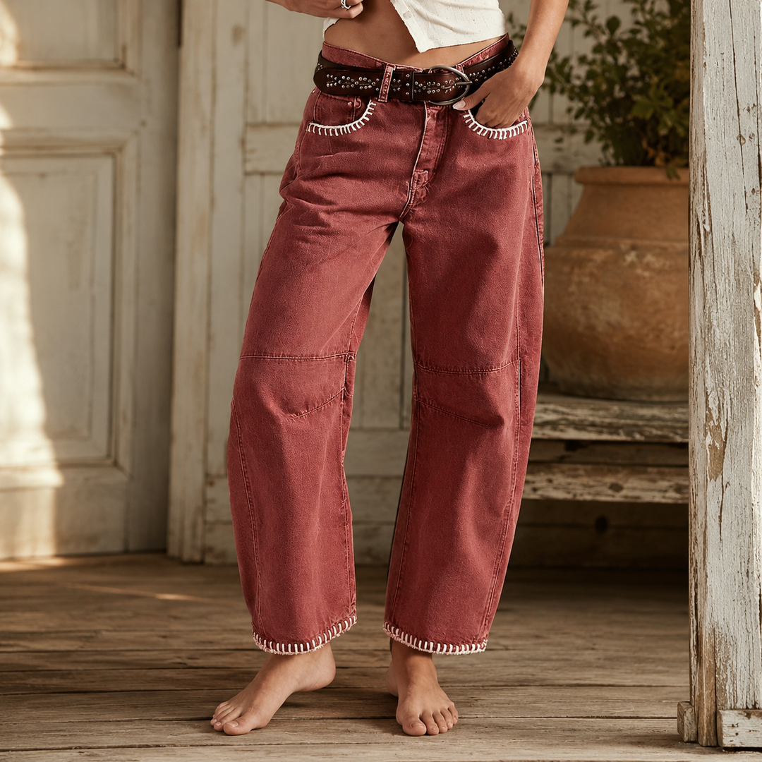 Virella™ – Whipstitch Barrel Leg Jeans for Women, Mid Rise Curved Pants