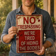 Hollerwood™ – Rustic No Trespassing Tin Sign for Porch Garage Garden