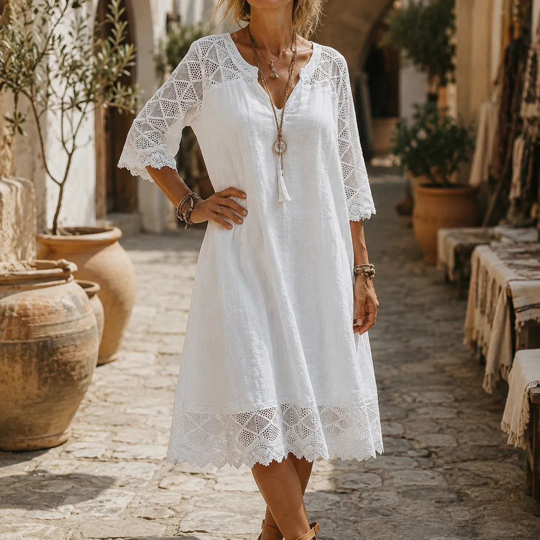 Solenne – Boho Shift Dress with Crochet-like Shoulders and Scalloped Hem
